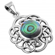 Round Celtic Knot Silver Pendant, set w Abalone